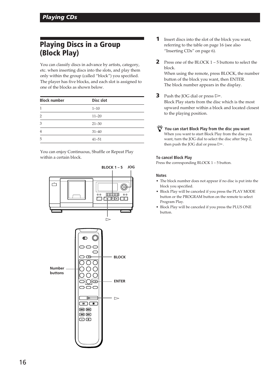 Playing discs in a group (block play), Playing cds | Sony CDP-CX53 User Manual | Page 16 / 20