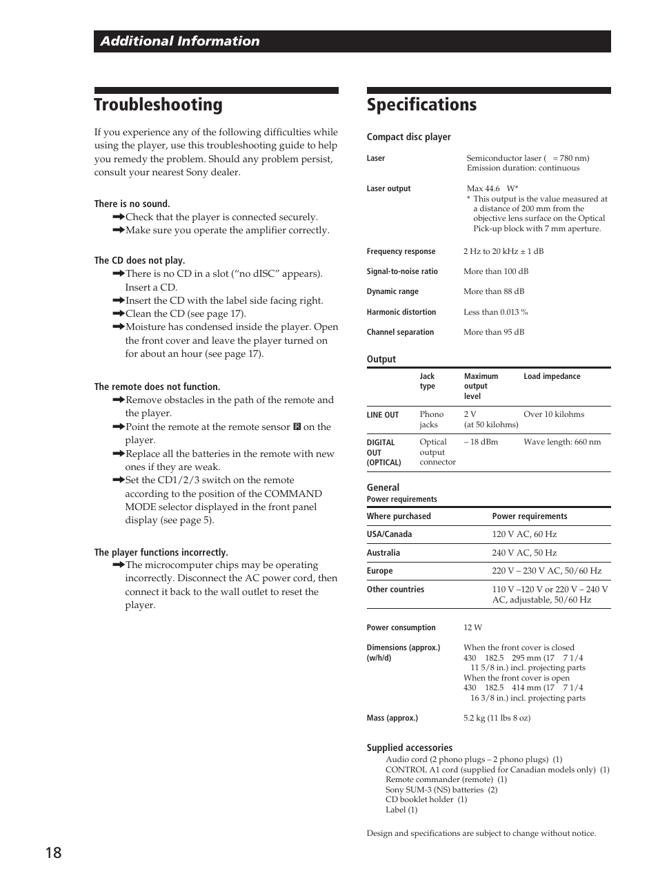 Specifications, Troubleshooting, Additional information | Sony CDP-CX53 User Manual | Page 18 / 20