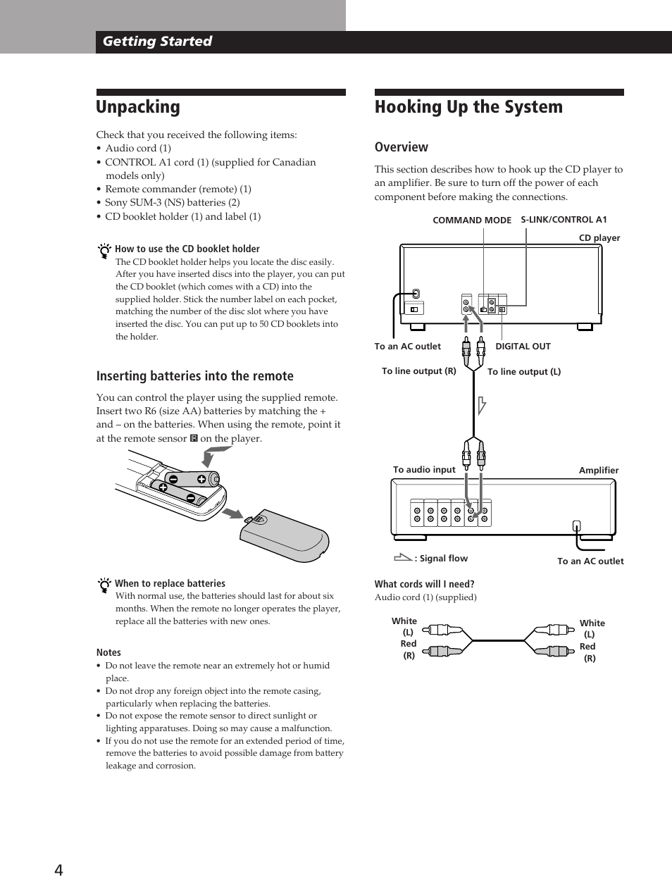 Hooking up the system, Unpacking, Getting started | Overview, Inserting batteries into the remote | Sony CDP-CX53 User Manual | Page 4 / 20