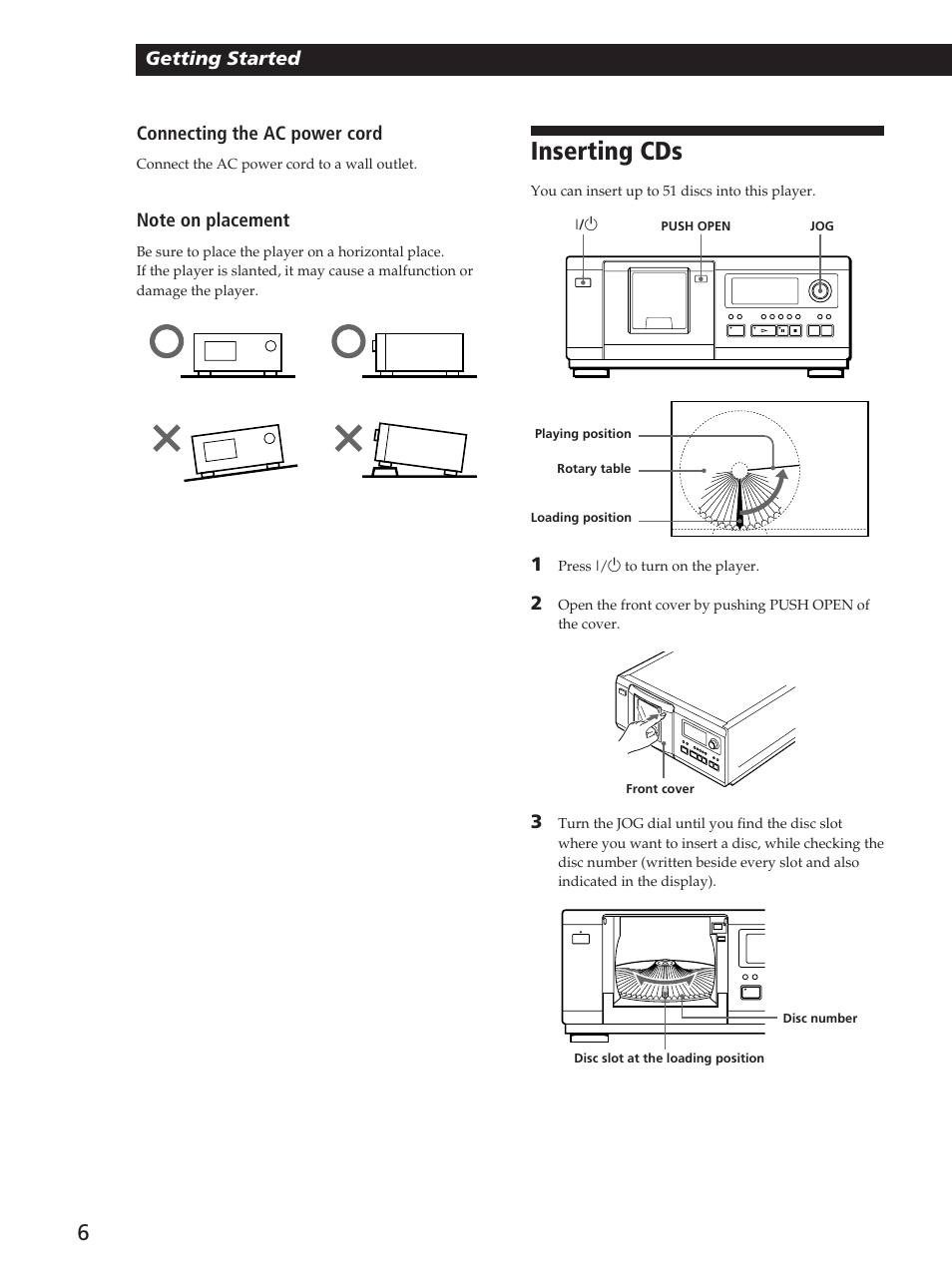 Inserting cds, Getting started, Connecting the ac power cord | Sony CDP-CX53 User Manual | Page 6 / 20