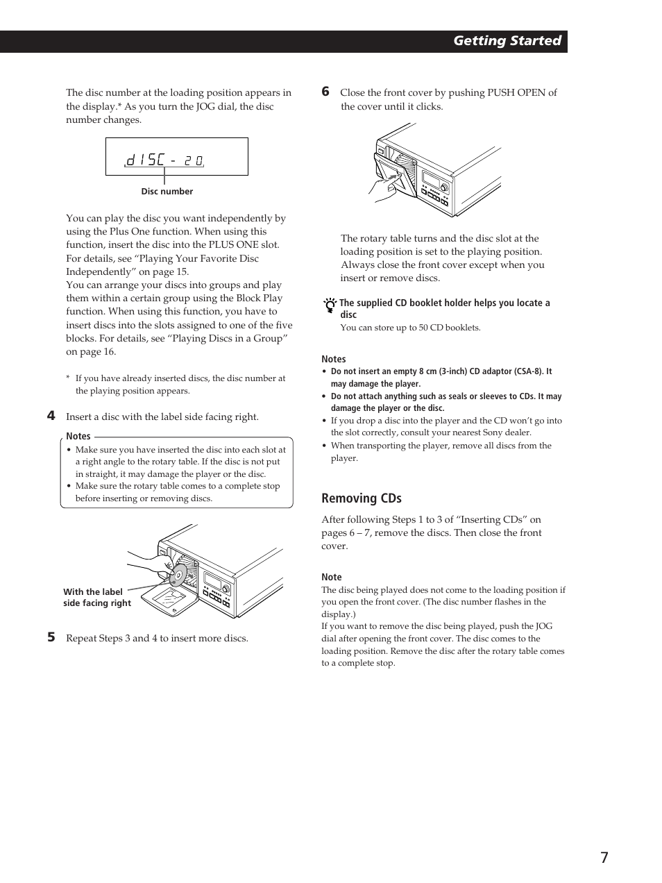 D sc 1, Playing cds getting started getting started, Removing cds | Sony CDP-CX53 User Manual | Page 7 / 20