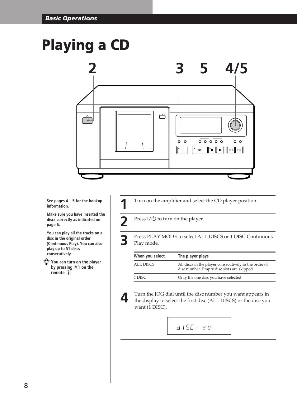 Playing a cd 2 3, D sc 1, Basic operations | Sony CDP-CX53 User Manual | Page 8 / 20