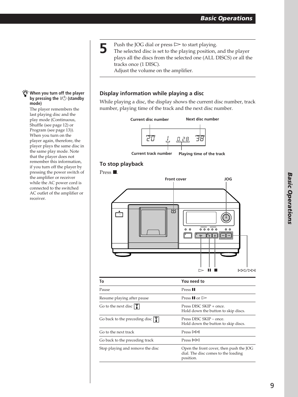 Basic operations, Display information while playing a disc, Press p | You need to | Sony CDP-CX53 User Manual | Page 9 / 20