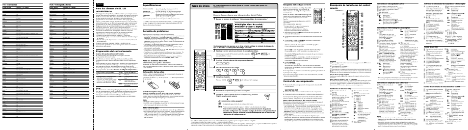 Guía de inicio, Especificaciones, Solución de problemas | Descripción de las botones del control remoto, Control de un componente, Para los clientes de ee. uu. advertencia, Preparación del control remoto, Tv / televisores, Para los clientes de ee.uu, Colocación de las pilas | Sony REMOTE COMMANDER RM-V210 User Manual | Page 2 / 2