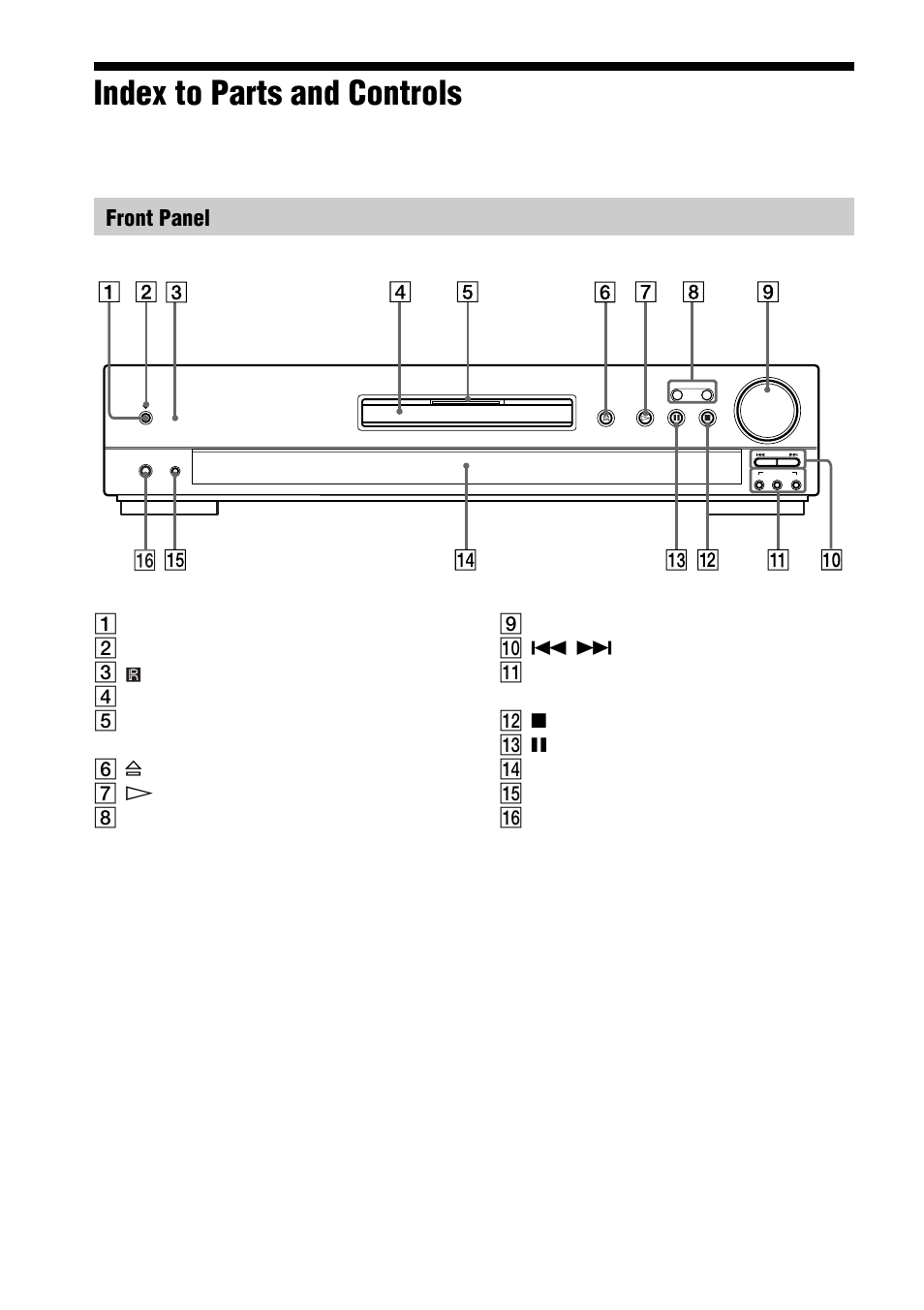 Index to parts and controls, Front panel | Sony AVD-S50ES User Manual | Page 10 / 84