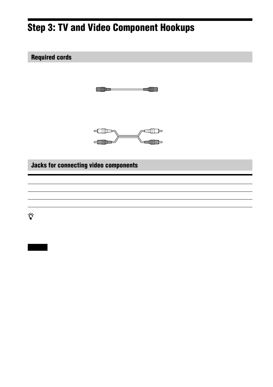 Step 3: tv and video component hookups, Required cords, Jacks for connecting video components | Sony AVD-S50ES User Manual | Page 22 / 84