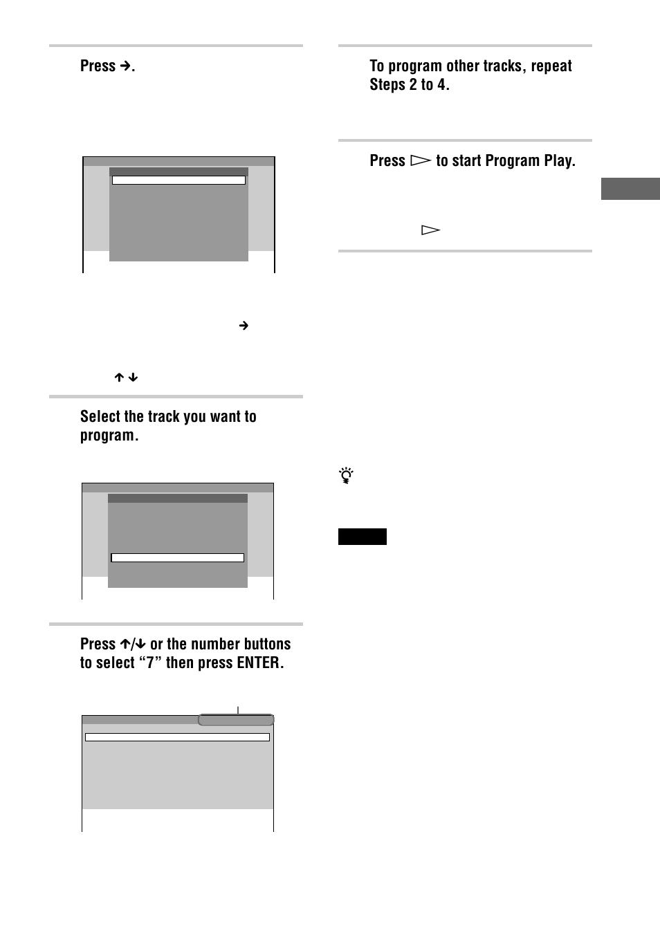 Pla ying discs, Select the track you want to program, Press c | Press h to start program play, For example, select track “7 | Sony AVD-S50ES User Manual | Page 37 / 84