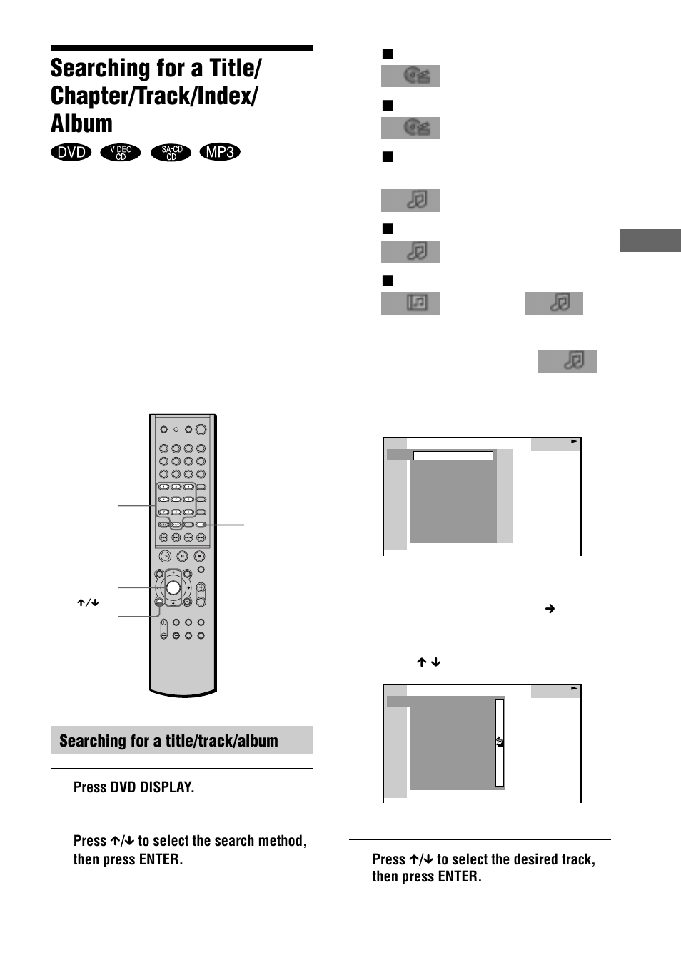 Searching for a title/ chapter/track/index/ album, Sear ching f or a scene, Searching for a title/track/album | Sony AVD-S50ES User Manual | Page 41 / 84