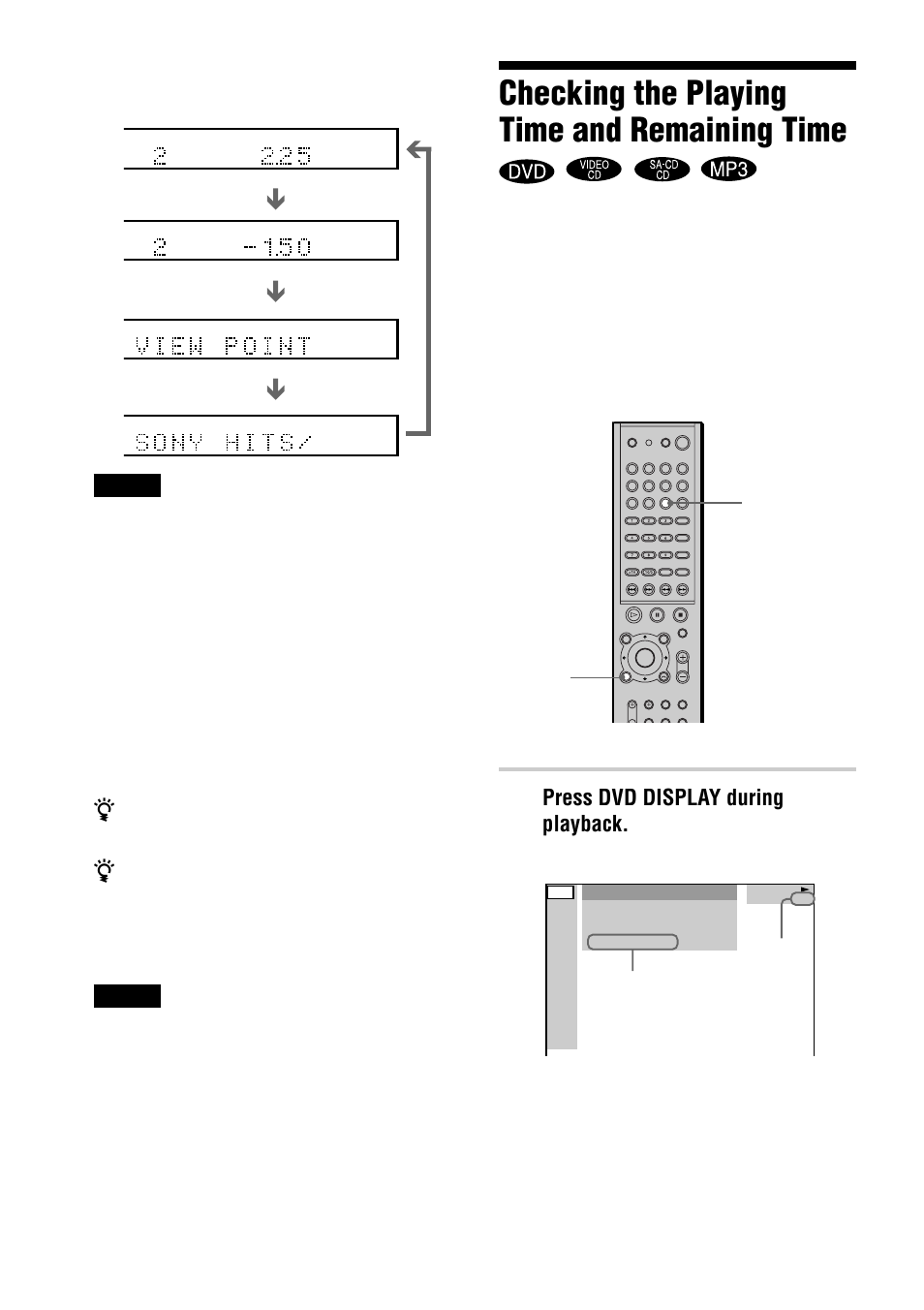 Checking the playing time and remaining time, Press dvd display during playback, The control menu appears. when playing an mp3 | Sony AVD-S50ES User Manual | Page 44 / 84