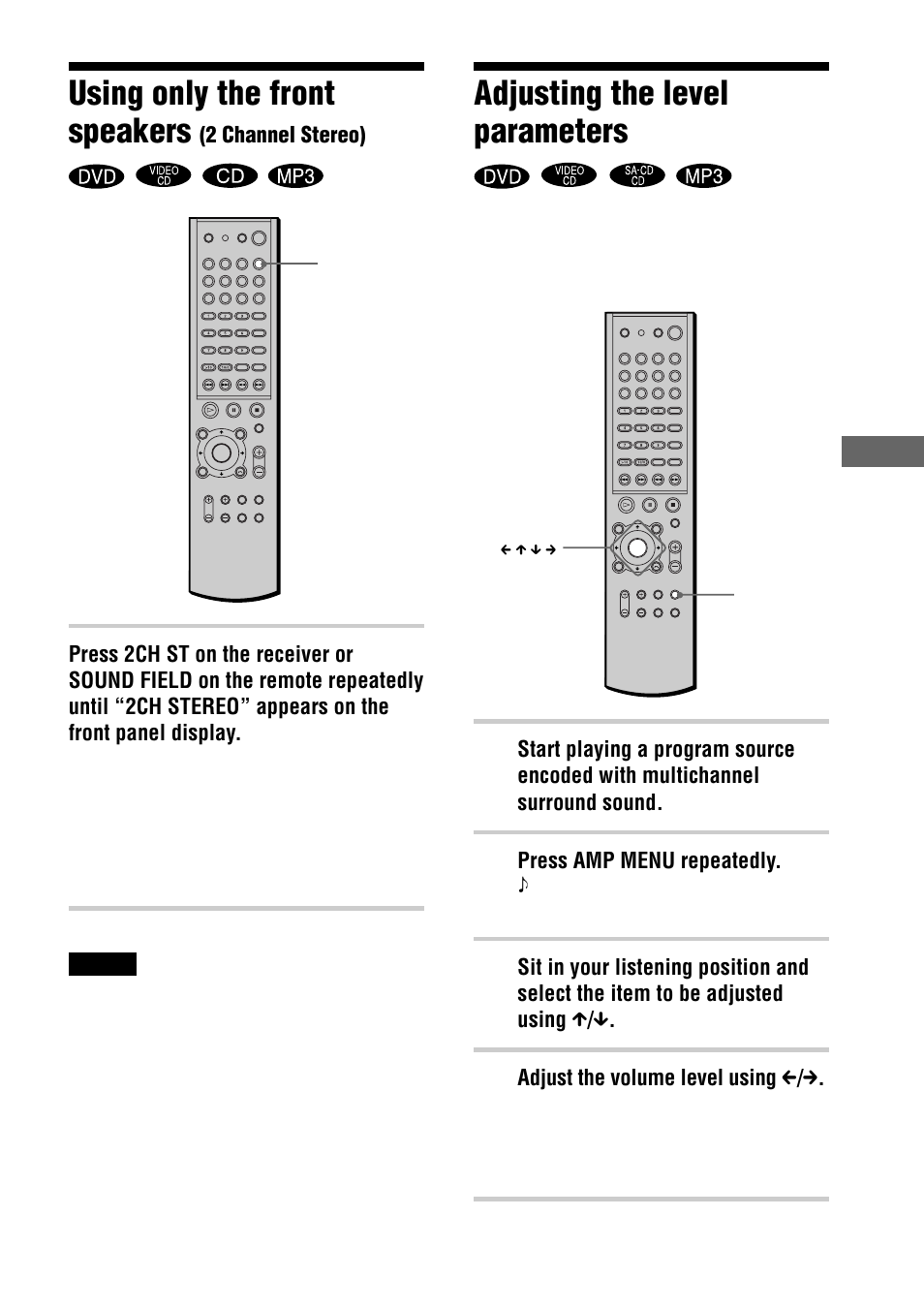 Using only the front speakers, Adjusting the level parameters | Sony AVD-S50ES User Manual | Page 51 / 84