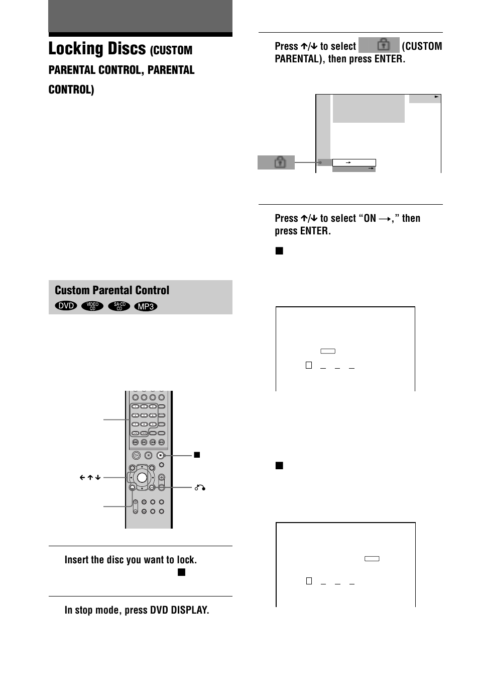 Locking discs, Custom parental control, parental control), Custom parental control | Sony AVD-S50ES User Manual | Page 54 / 84