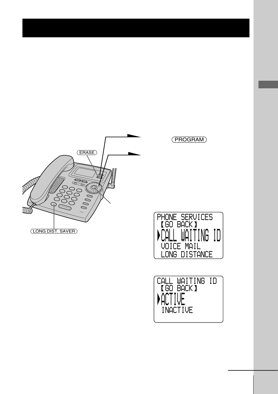 Setting up the phone services, Step 5: setting up the phone, Services | Call waiting id, Active, Step 5 | Sony SPP-S9226 User Manual | Page 19 / 80