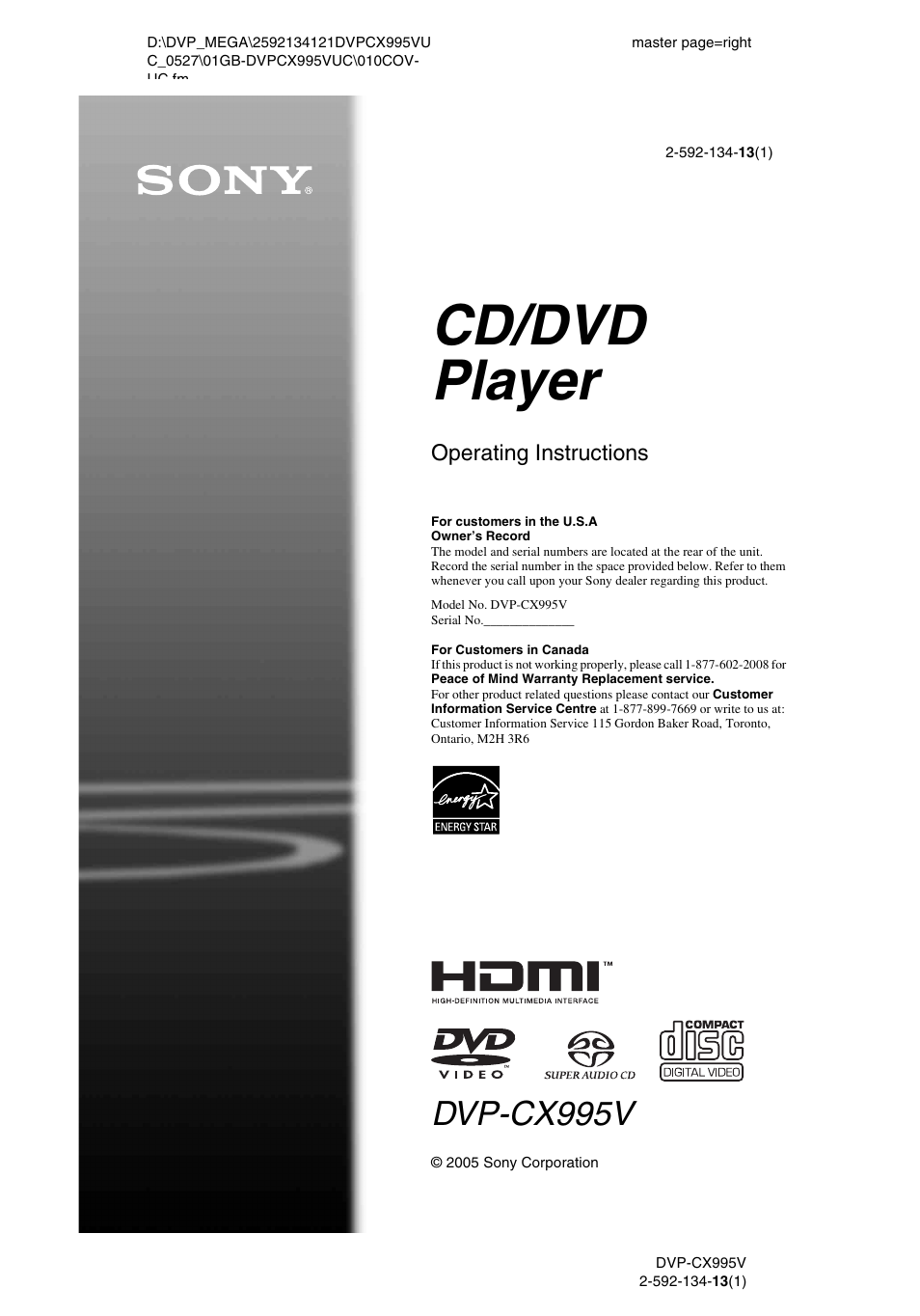 Sony DVP-CX995V User Manual | 96 pages