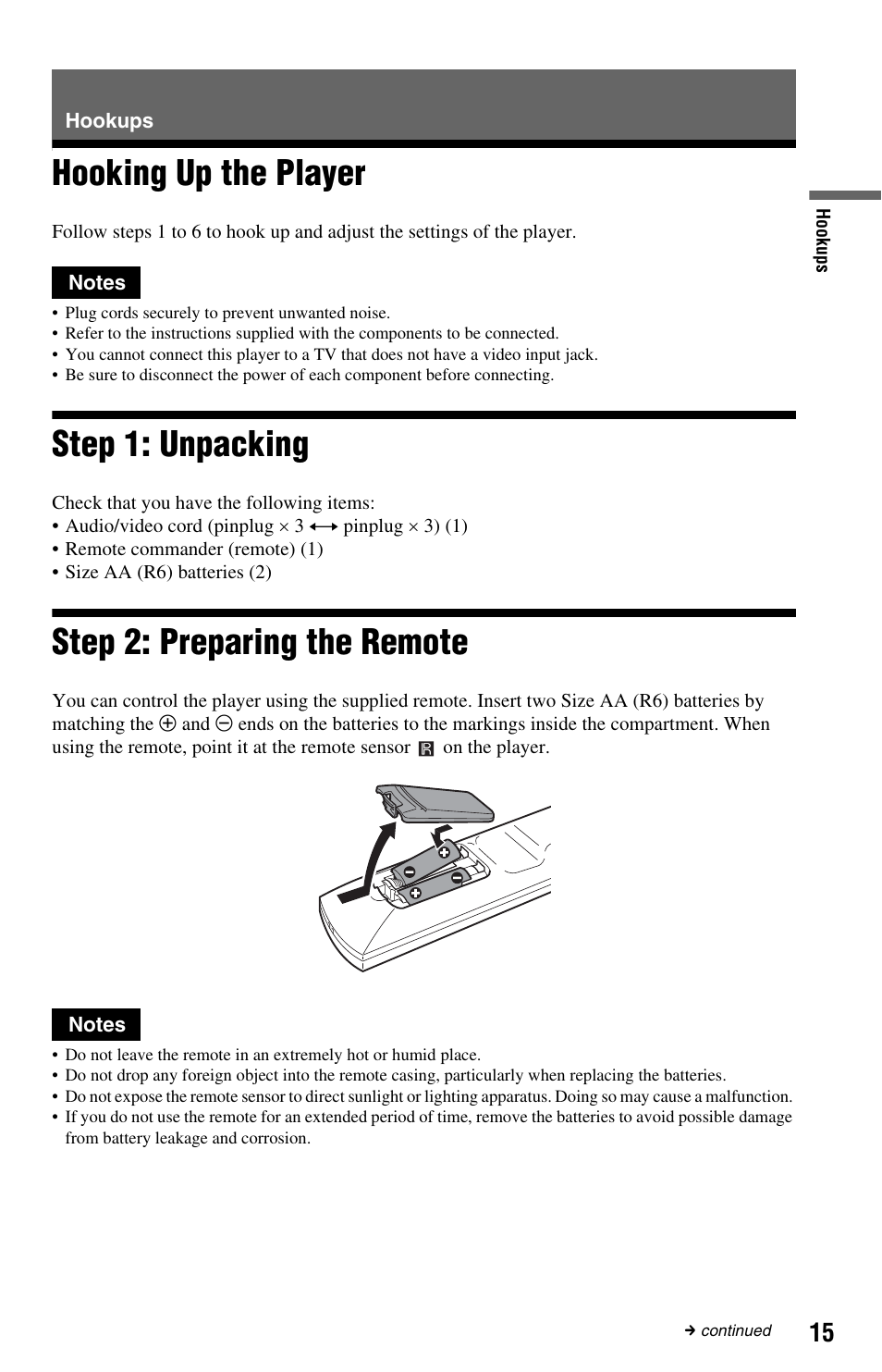 Hookups, Hooking up the player, Step 1: unpacking | Step 2: preparing the remote, Remote sensor) (15) | Sony DVP-CX995V User Manual | Page 15 / 96