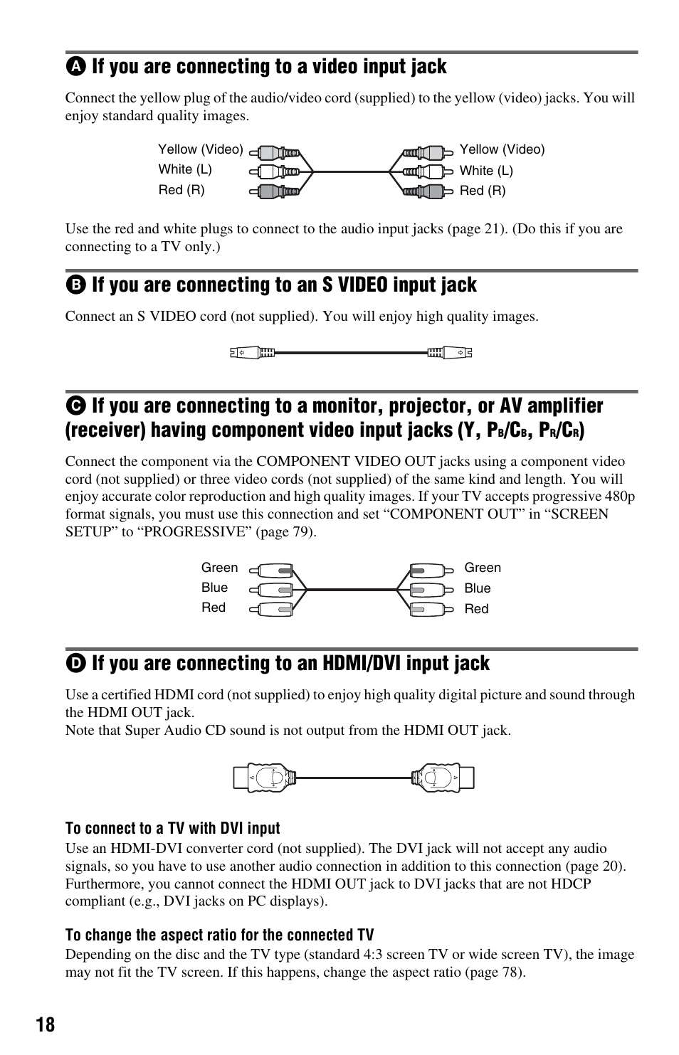Aif you are connecting to a video input jack, Bif you are connecting to an s video input jack, Dif you are connecting to an hdmi/dvi input jack | Sony DVP-CX995V User Manual | Page 18 / 96