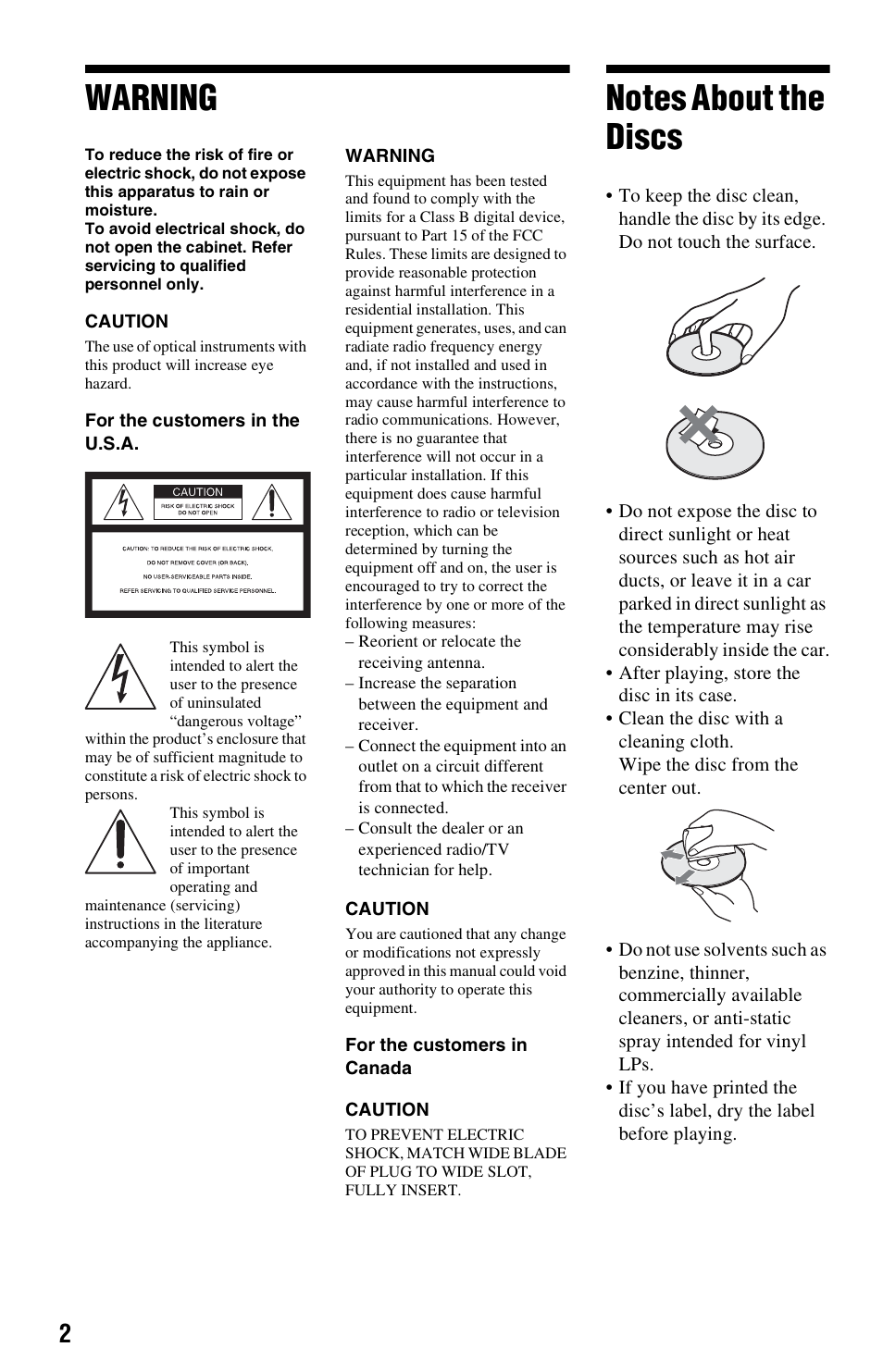 Warning, Notes about the discs | Sony DVP-CX995V User Manual | Page 2 / 96