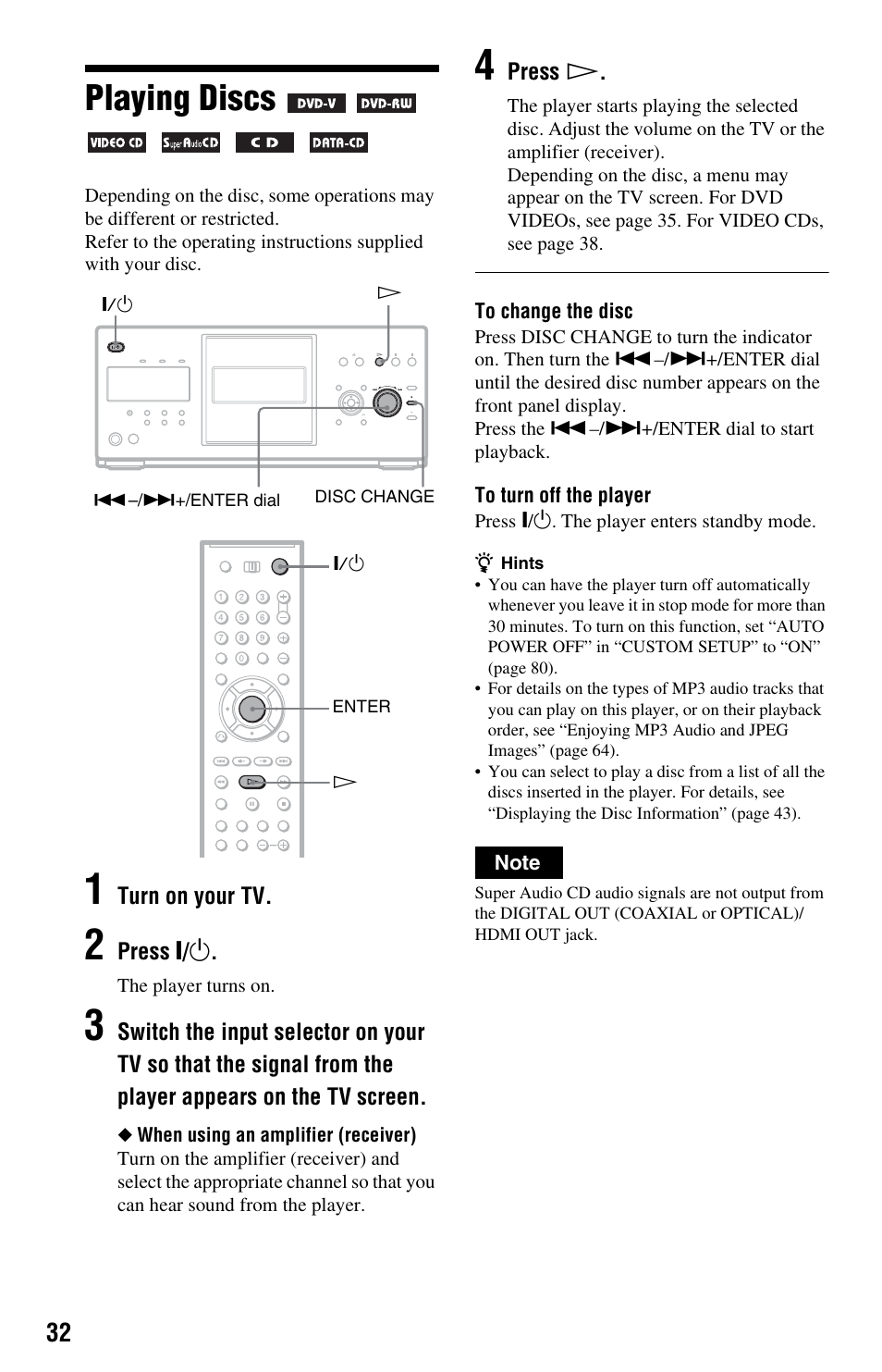 Playing discs, Bc) (32), Tton (32) | Sony DVP-CX995V User Manual | Page 32 / 96