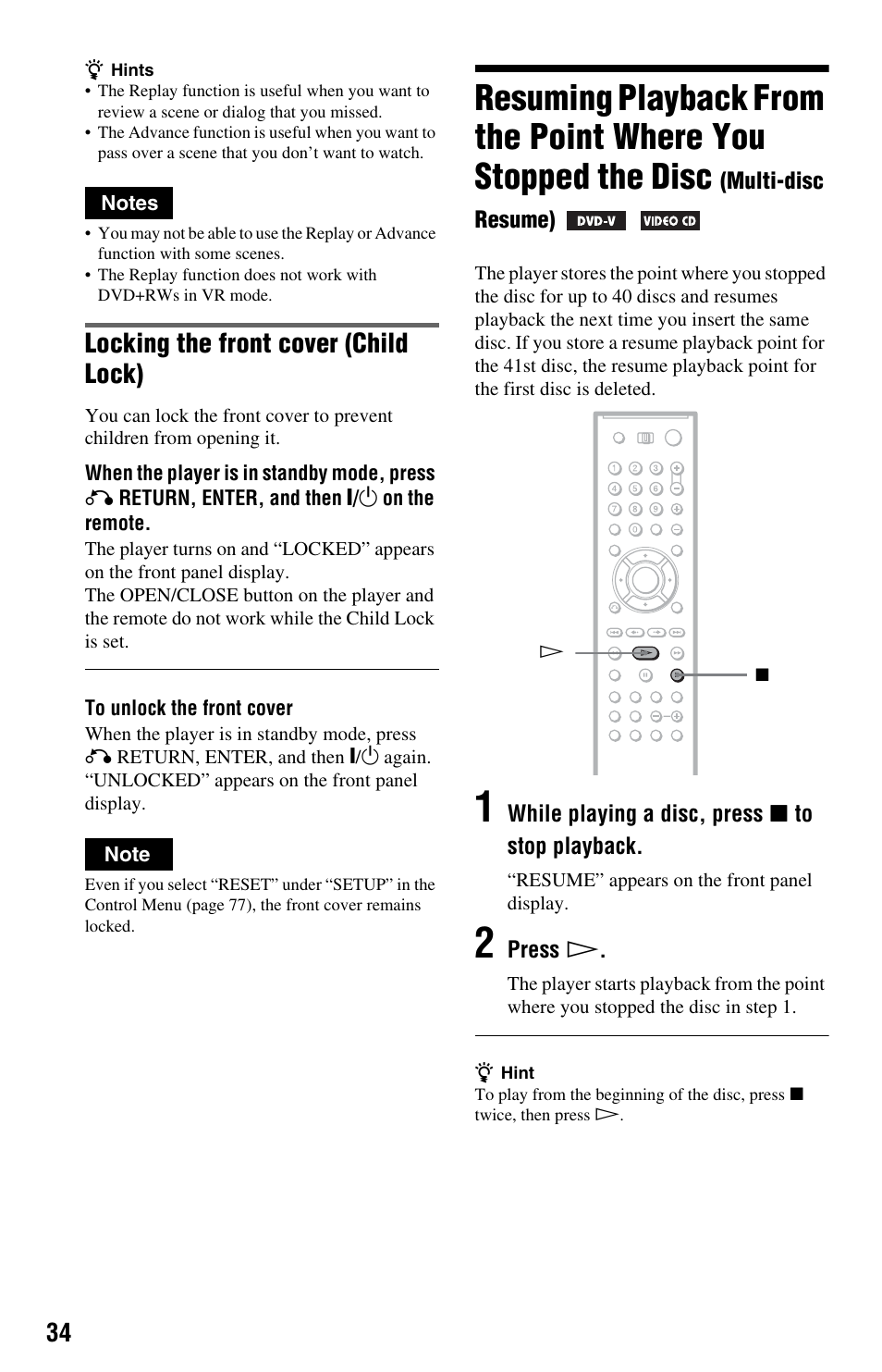 Multi-disc resume), Tton (34), Button (34) (38) (44) | Locking the front cover (child lock) | Sony DVP-CX995V User Manual | Page 34 / 96