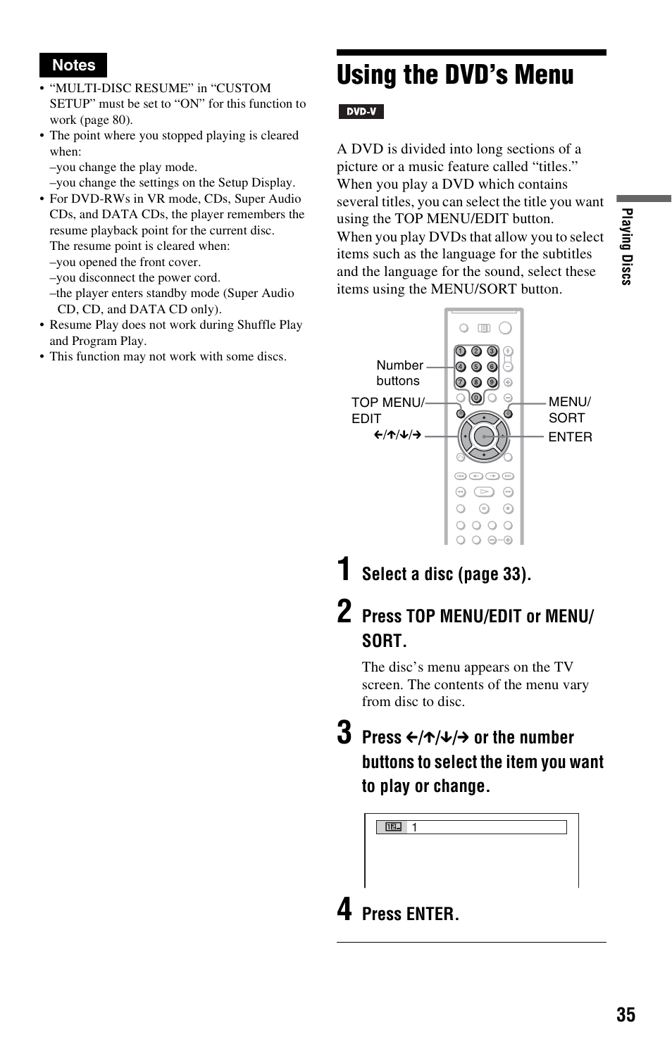 Using the dvd’s menu, Buttons (35), Menu button (35) | Button (35) (51), Enter button (35) | Sony DVP-CX995V User Manual | Page 35 / 96