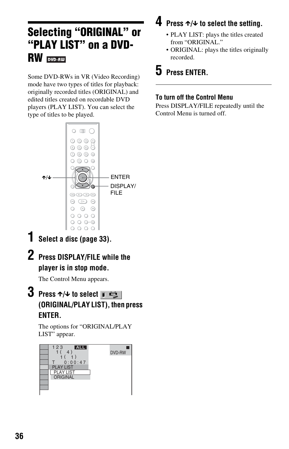 Selecting “original” or “play list” on a dvd- rw, Selecting “original” or “play list” on a dvd-rw | Sony DVP-CX995V User Manual | Page 36 / 96