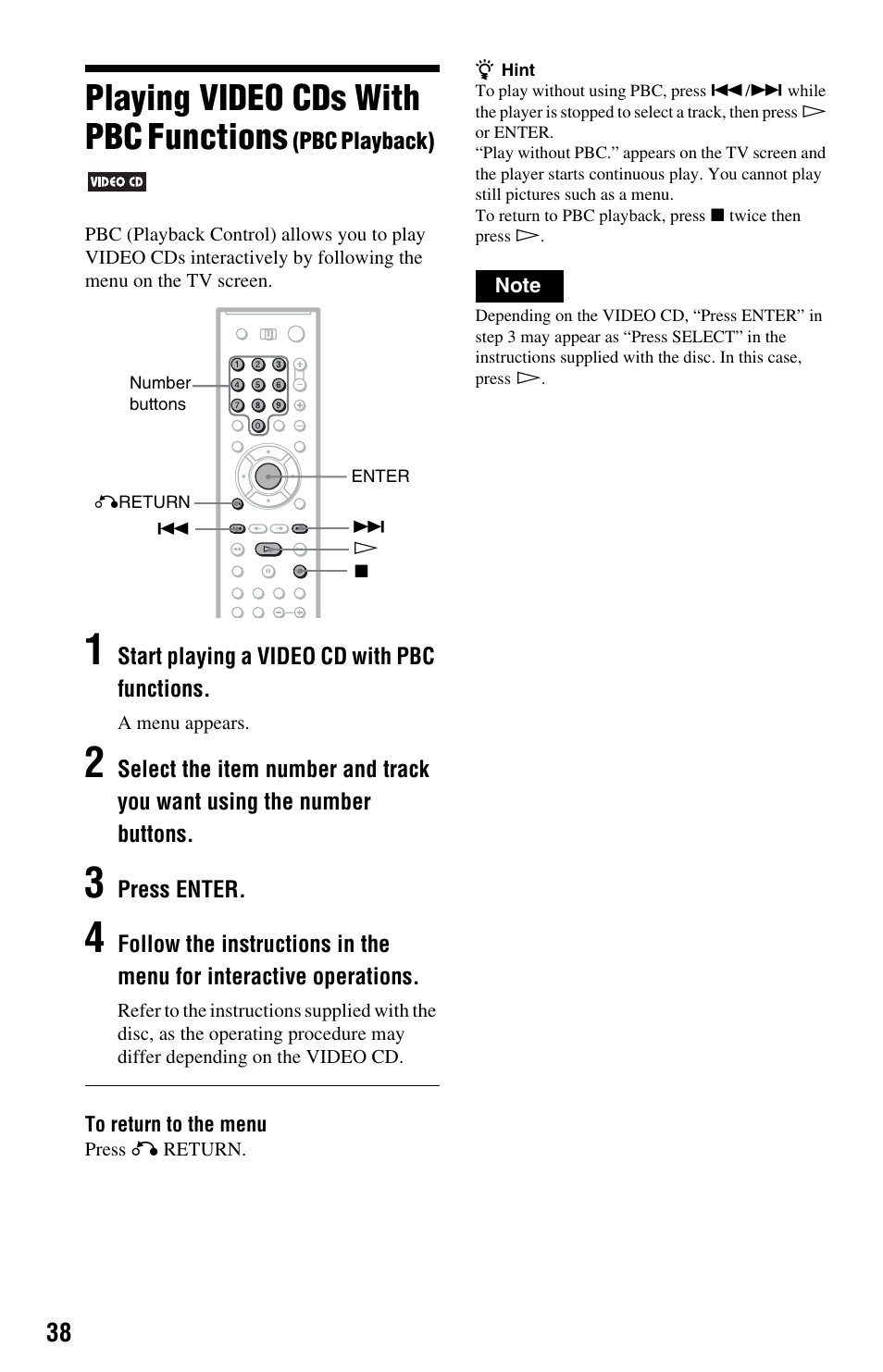 Playing video cds with pbc functions | Sony DVP-CX995V User Manual | Page 38 / 96