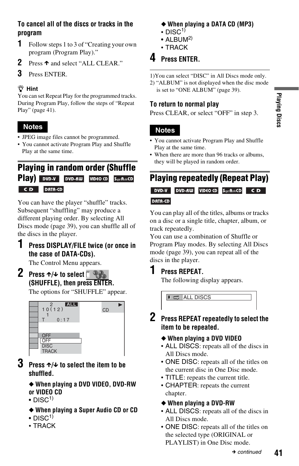 N (41), Playing in random order (shuffle play), Playing repeatedly (repeat play) | Sony DVP-CX995V User Manual | Page 41 / 96