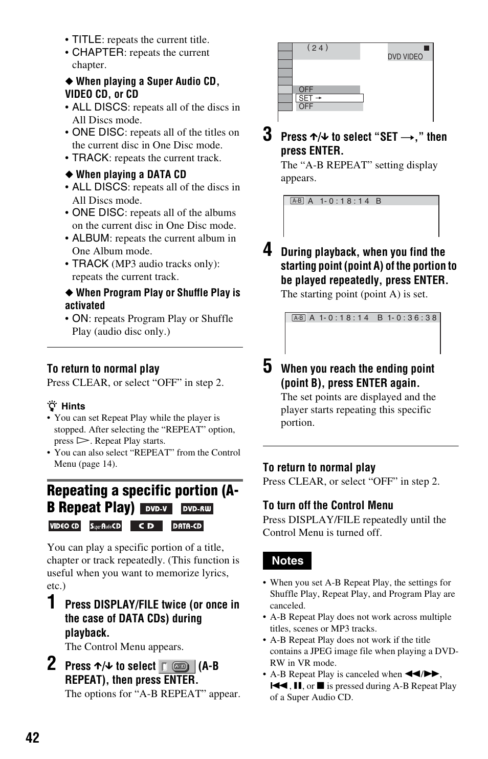 Repeating a specific portion (a- b repeat play) | Sony DVP-CX995V User Manual | Page 42 / 96