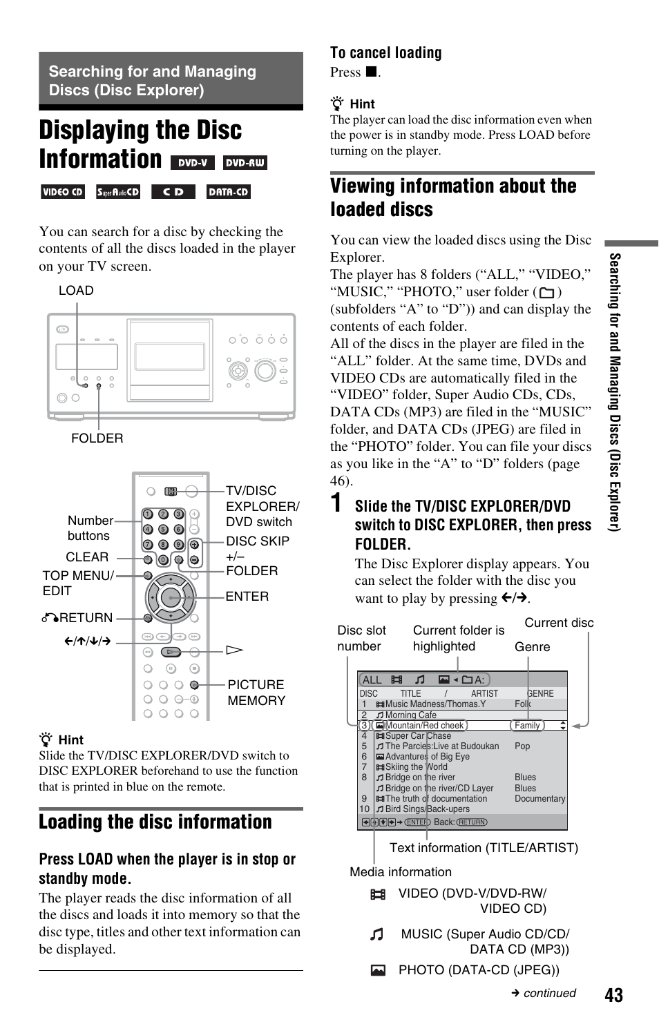 Searching for and managing discs (disc explorer), Displaying the disc information, Folder button (43) | Load button (43), Loading the disc information, Viewing information about the loaded discs | Sony DVP-CX995V User Manual | Page 43 / 96