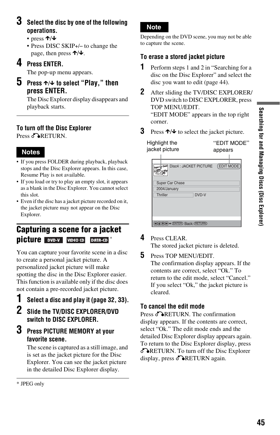 Button (45), Capturing a scene for a jacket picture | Sony DVP-CX995V User Manual | Page 45 / 96