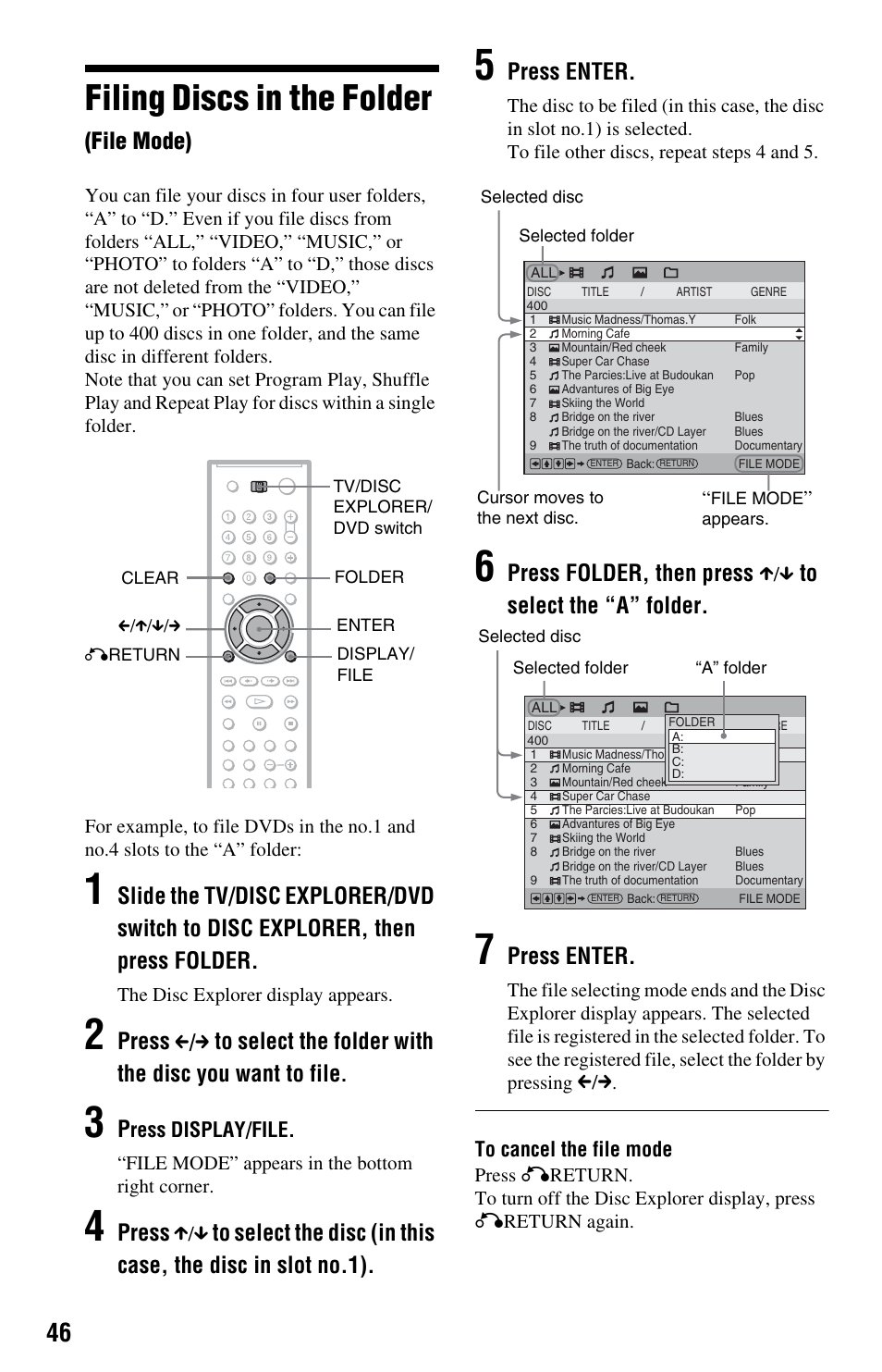 Filing discs in the folder (file mode), Filing discs in the folder, File mode) | Press, Press enter, Press folder, then press, C / c, Ress display/file | Sony DVP-CX995V User Manual | Page 46 / 96