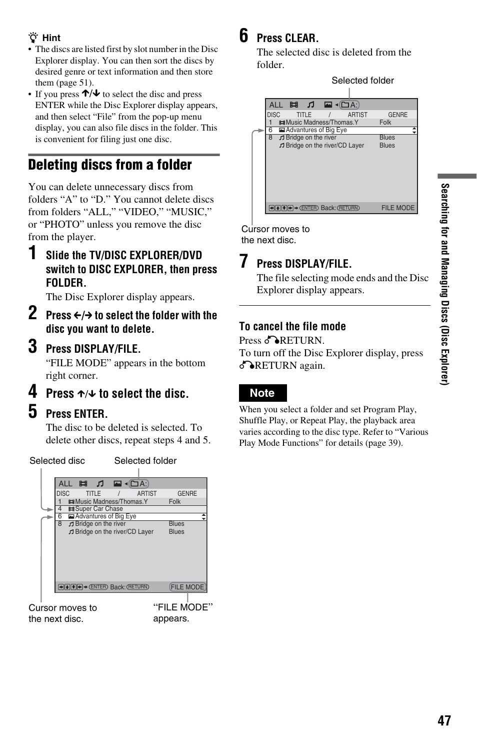 Deleting discs from a folder, Press, Press display/file | Press enter, Press clear | Sony DVP-CX995V User Manual | Page 47 / 96