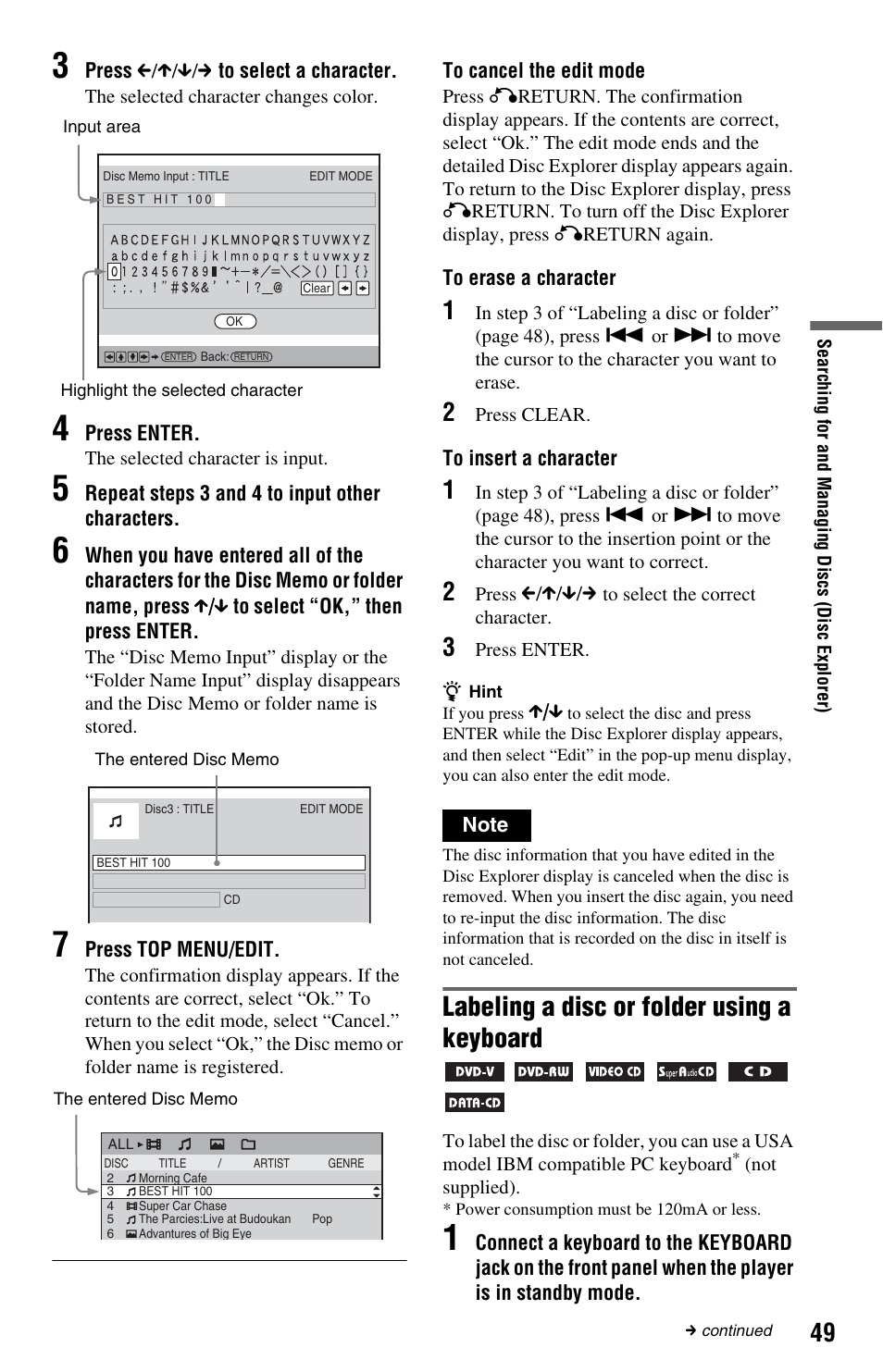 Keyboard jack (49), Labeling a disc or folder using a keyboard | Sony DVP-CX995V User Manual | Page 49 / 96