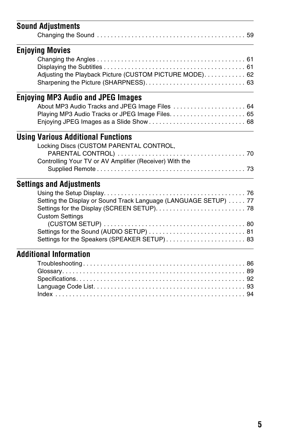 5sound adjustments, Enjoying movies, Enjoying mp3 audio and jpeg images | Using various additional functions, Settings and adjustments, Additional information | Sony DVP-CX995V User Manual | Page 5 / 96