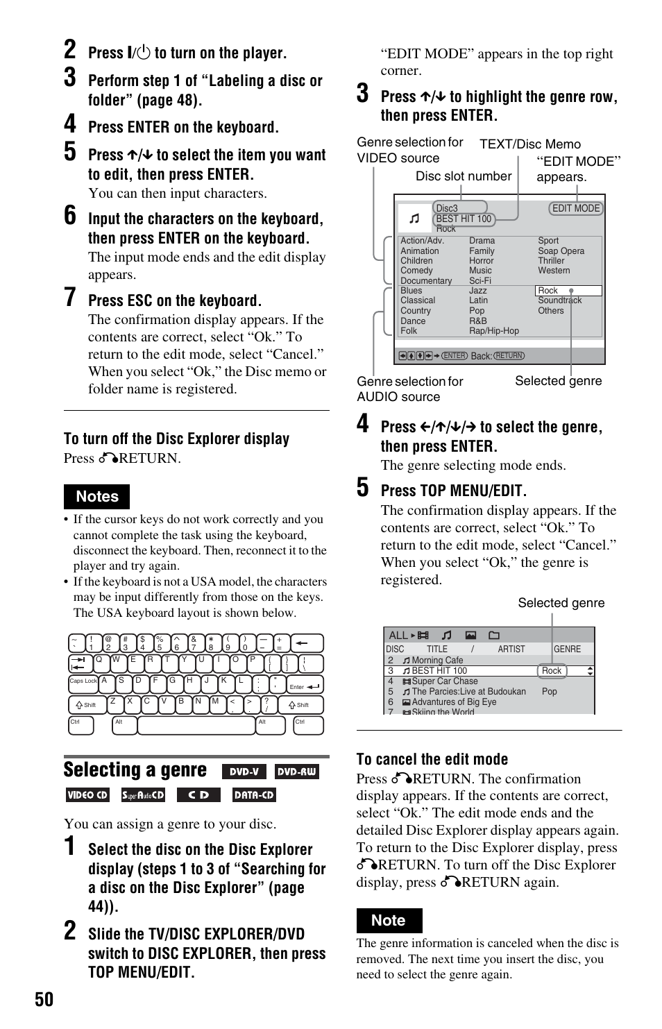 Selecting a genre, Press [/1 to turn on the player, Press enter on the keyboard | Press esc on the keyboard, Press top menu/edit, You can then input characters, The input mode ends and the edit display appears, Press oreturn, You can assign a genre to your disc, Edit mode” appears in the top right corner | Sony DVP-CX995V User Manual | Page 50 / 96