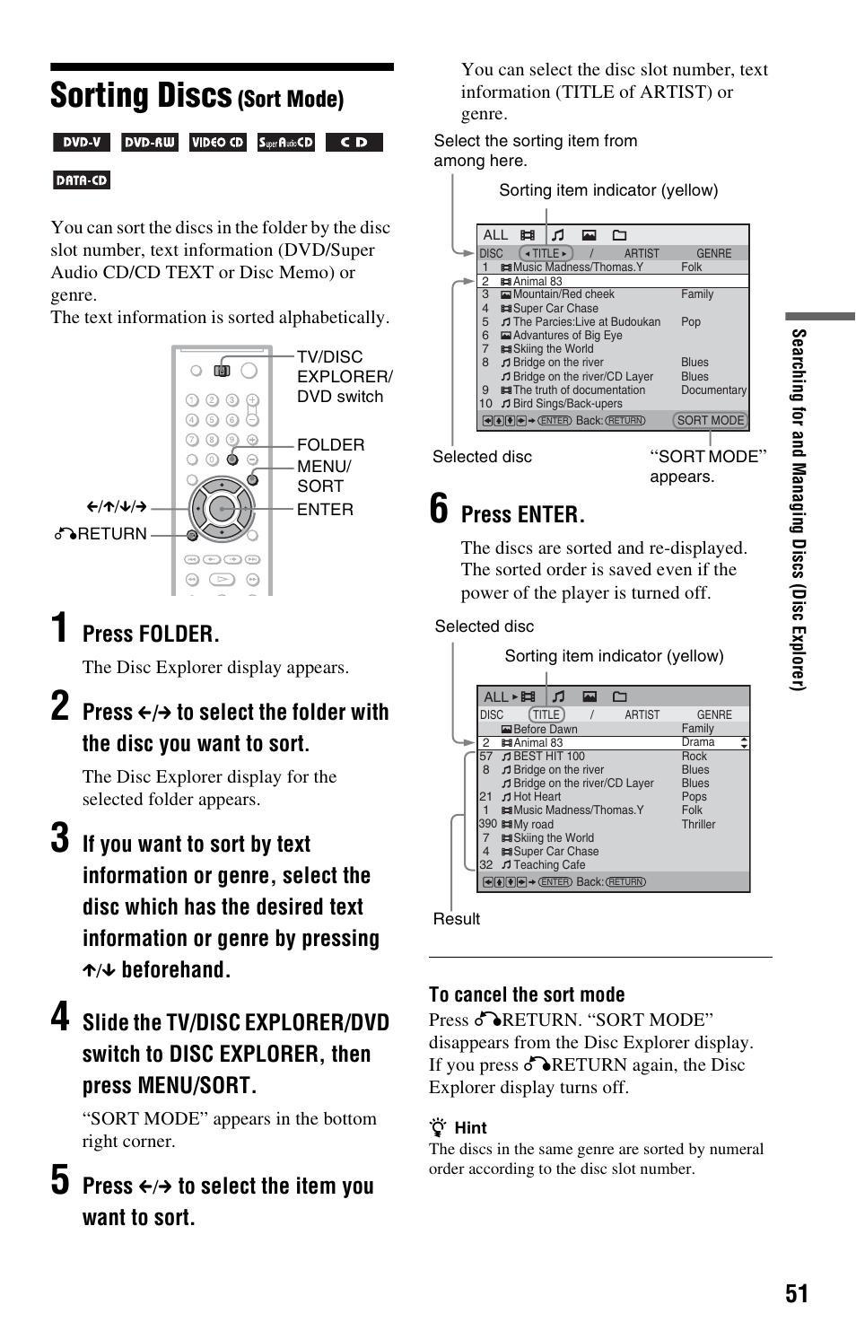 Sorting discs (sort mode), Sorting discs, Sort mode) | Press folder, Press, Beforehand, Press enter, C / c | Sony DVP-CX995V User Manual | Page 51 / 96