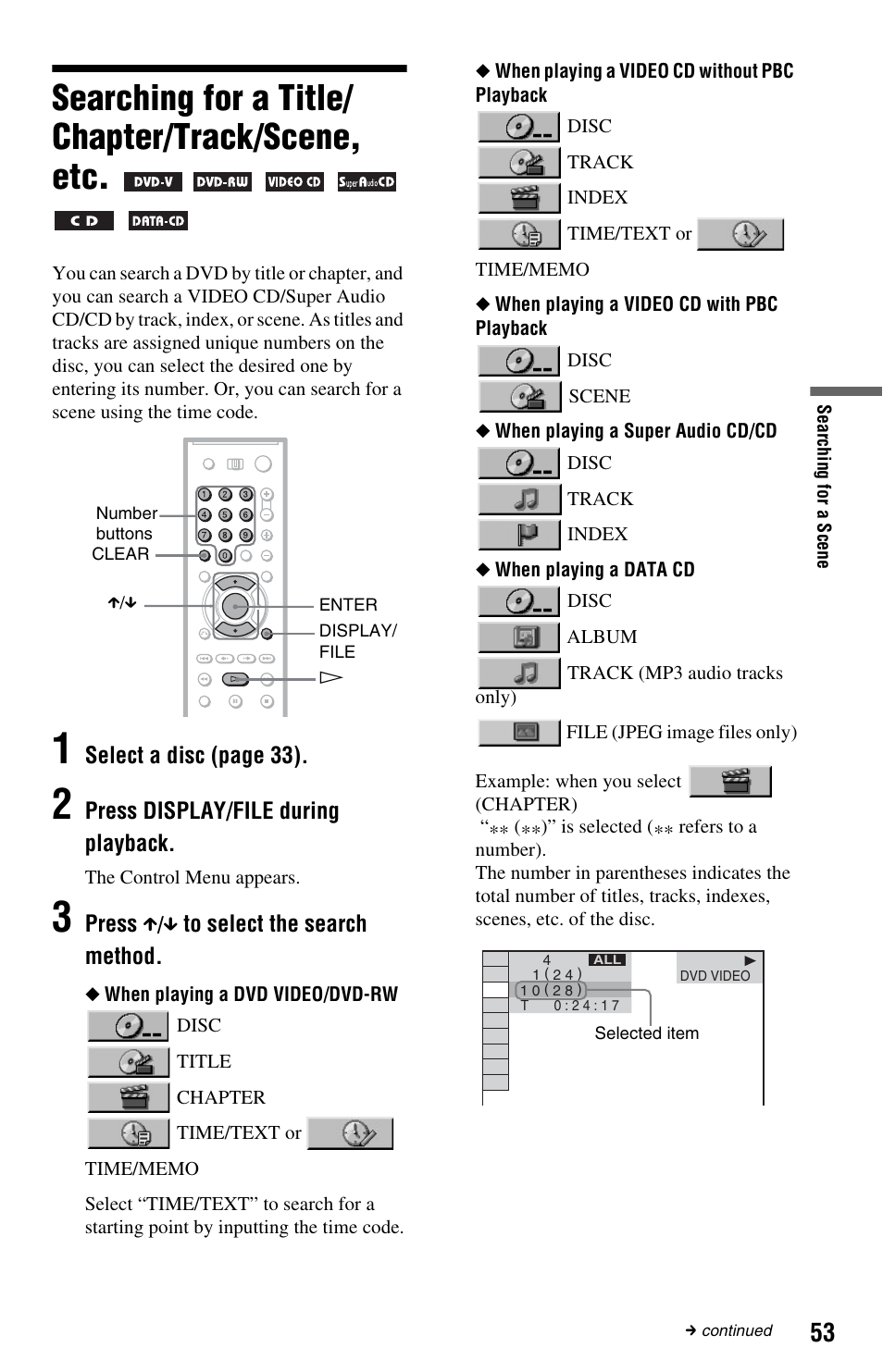 Searching for a title/ chapter/track/scene, etc, Searching for a title/chapter/track/scene, etc | Sony DVP-CX995V User Manual | Page 53 / 96