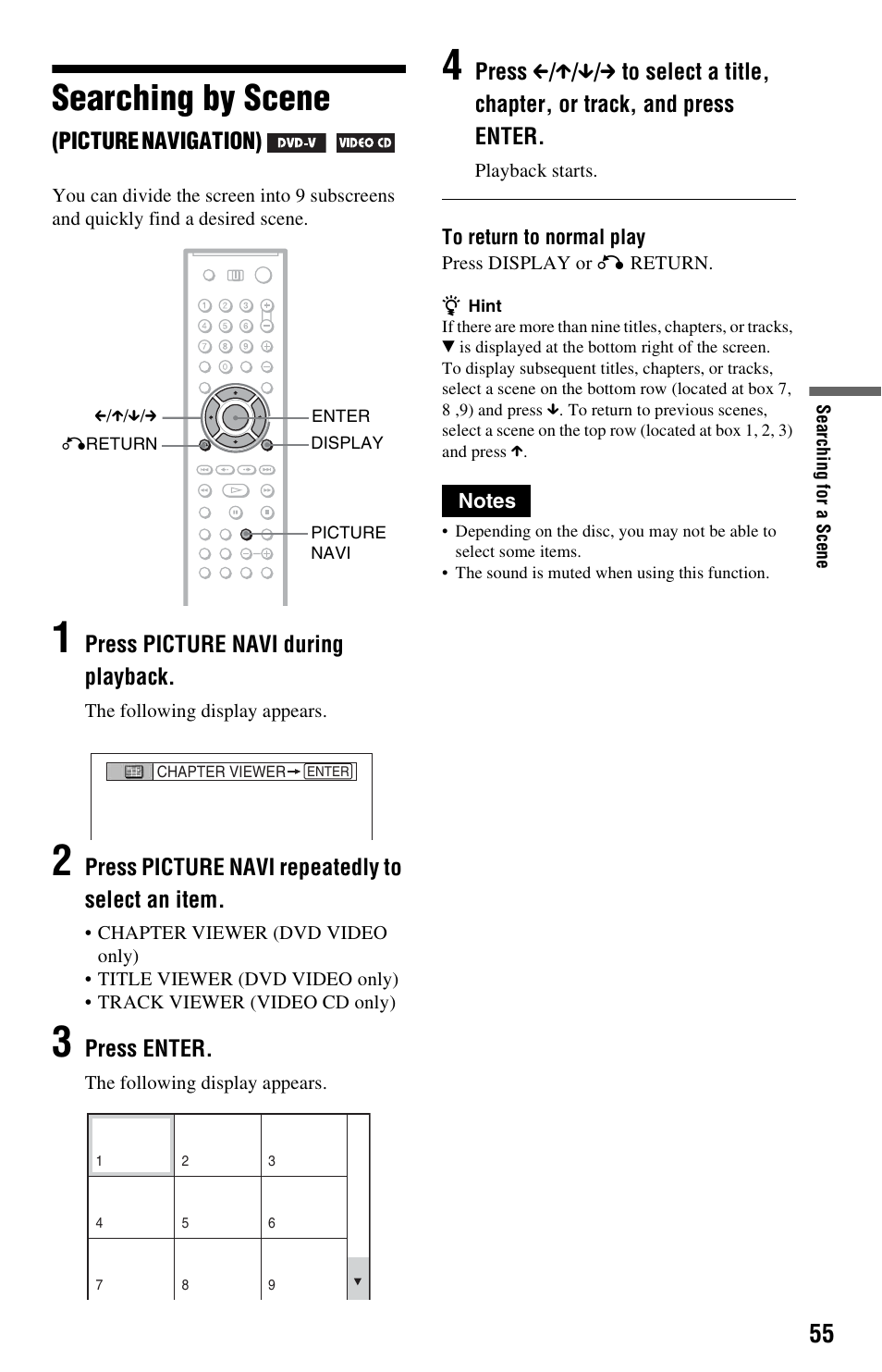 Searching by scene (picture navigation), Button (55), Searching by scene | Sony DVP-CX995V User Manual | Page 55 / 96