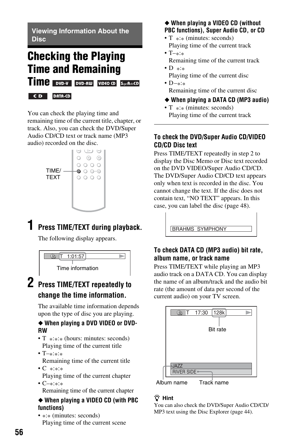 Viewing information about the disc, Checking the playing time and remaining time, Time/text button (56) | Sony DVP-CX995V User Manual | Page 56 / 96