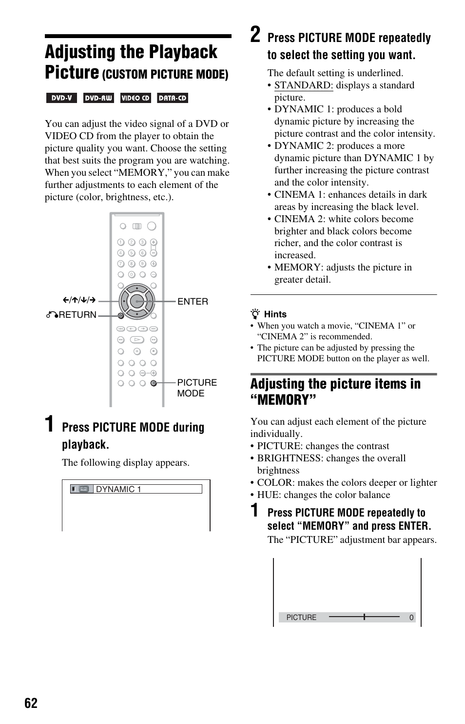 Mode button (62), Adjusting the playback picture | Sony DVP-CX995V User Manual | Page 62 / 96