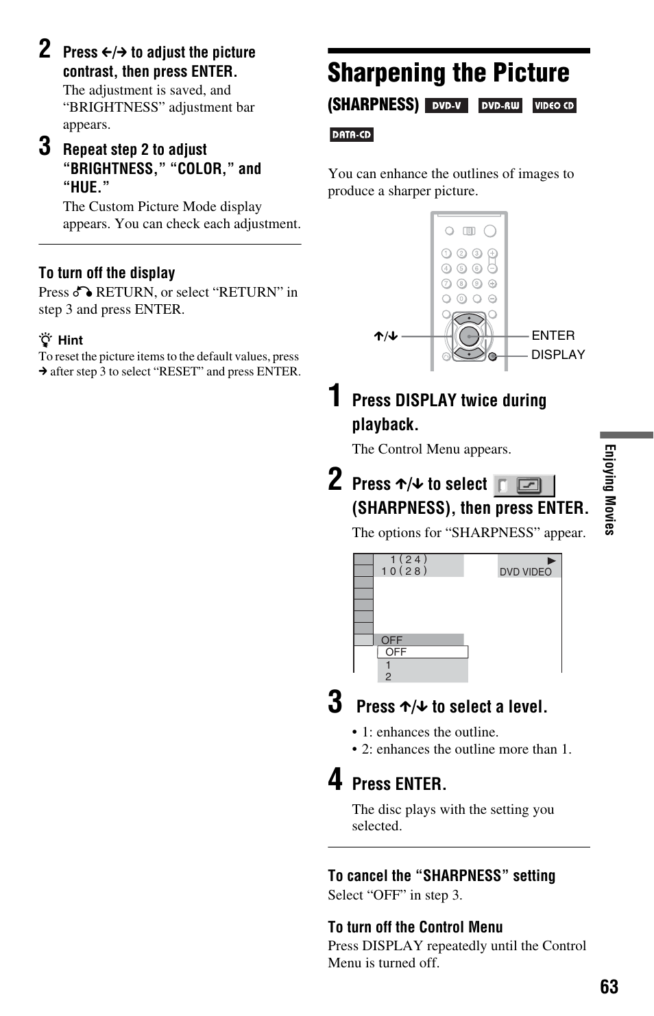 Sharpening the picture (sharpness), Sharpening the picture | Sony DVP-CX995V User Manual | Page 63 / 96