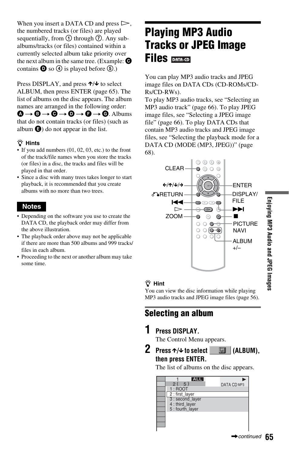 Playing mp3 audio tracks or jpeg image files, Selecting an album | Sony DVP-CX995V User Manual | Page 65 / 96