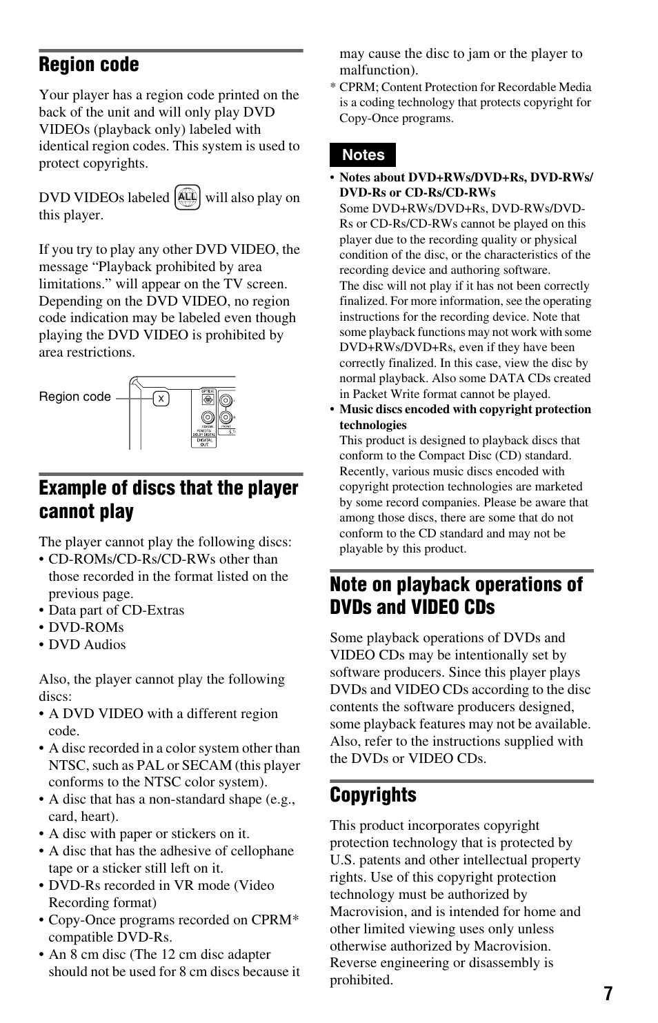 Region code, Example of discs that the player cannot play, Copyrights | Sony DVP-CX995V User Manual | Page 7 / 96