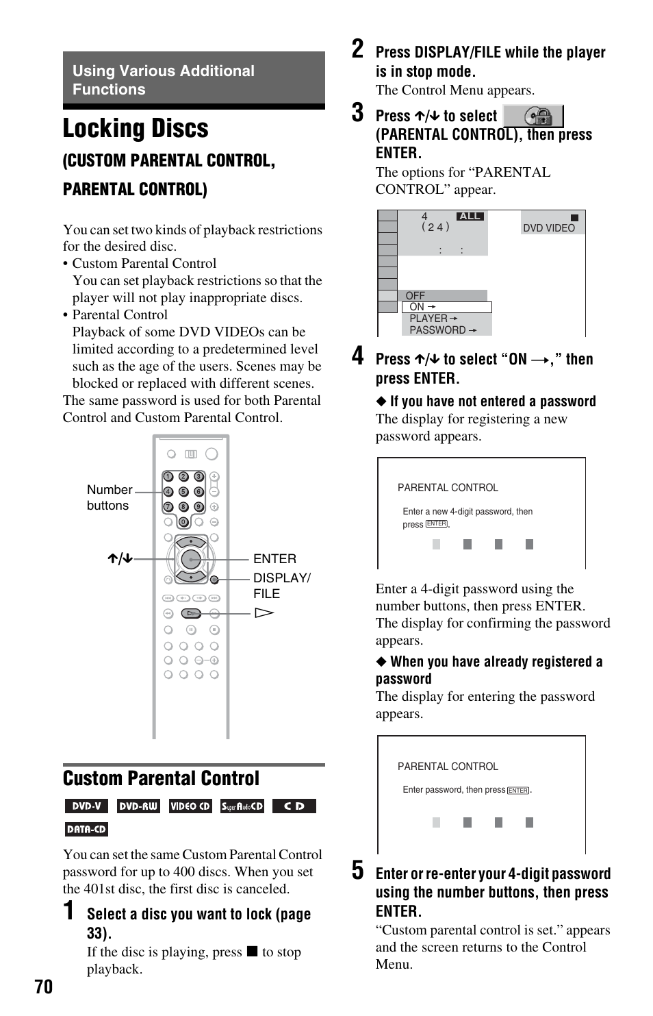 Using various additional functions, Locking discs (custom parental control, Parental control) | Locking discs, Custom parental control | Sony DVP-CX995V User Manual | Page 70 / 96