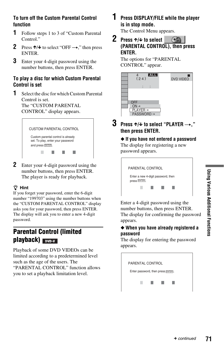 Parental control (limited playback) | Sony DVP-CX995V User Manual | Page 71 / 96