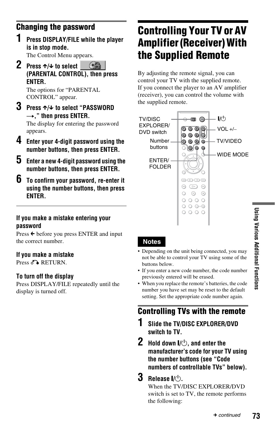 Supplied remote, Changing the password, Controlling tvs with the remote | Sony DVP-CX995V User Manual | Page 73 / 96