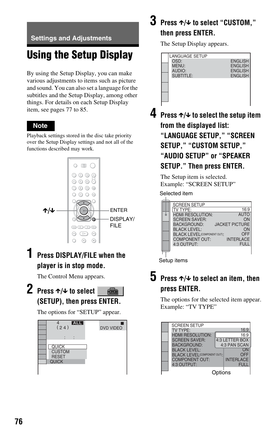 Settings and adjustments, Using the setup display, Press display/file when the player is in stop mode | Press x / x to select (setup), then press enter, Press x / x to select “custom,” then press enter, Press x / x to select an item, then press enter, X / x | Sony DVP-CX995V User Manual | Page 76 / 96