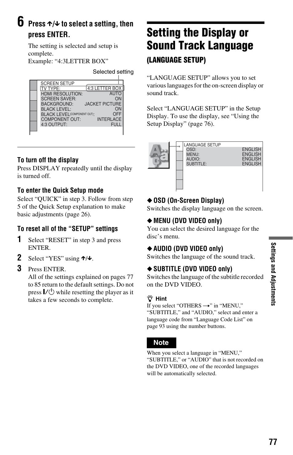 Setting the display or sound track language, Press x / x to select a setting, then press enter, Language setup) | Sony DVP-CX995V User Manual | Page 77 / 96