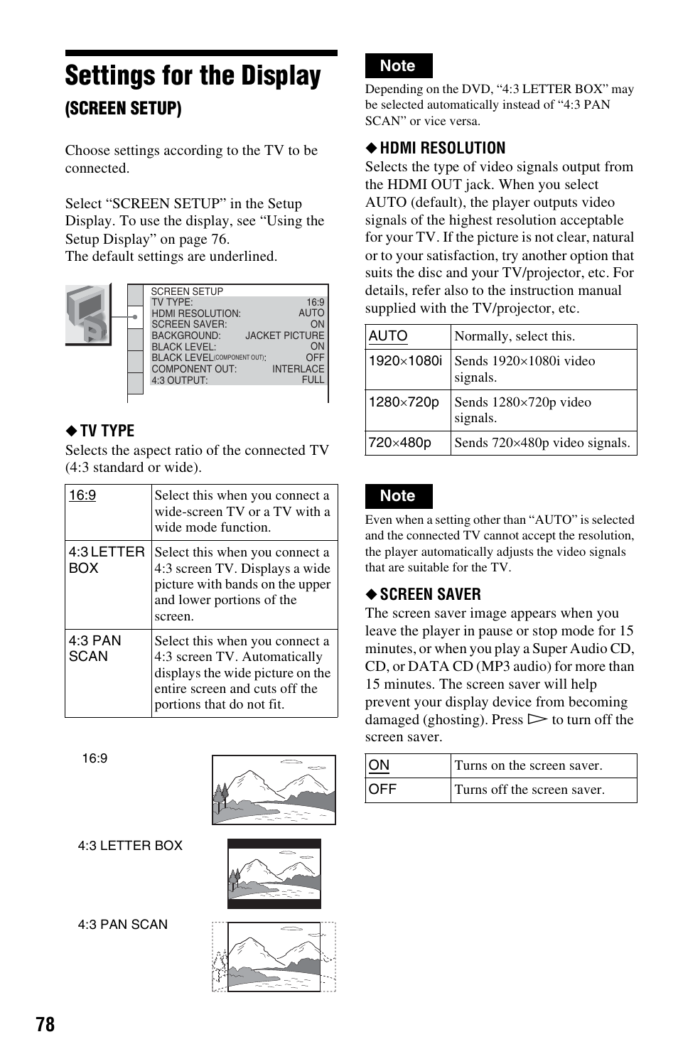 Settings for the display (screen setup), Settings for the display, Screen setup) | Tv type, Hdmi resolution, Screen saver | Sony DVP-CX995V User Manual | Page 78 / 96