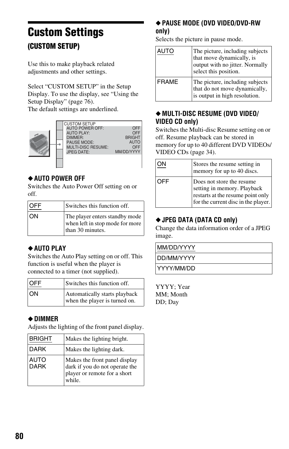 Custom settings (custom setup), Custom settings, Custom setup) | Auto power off, Auto play, Dimmer, Pause mode (dvd video/dvd-rw only), Multi-disc resume (dvd video/ video cd only), Jpeg data (data cd only) | Sony DVP-CX995V User Manual | Page 80 / 96