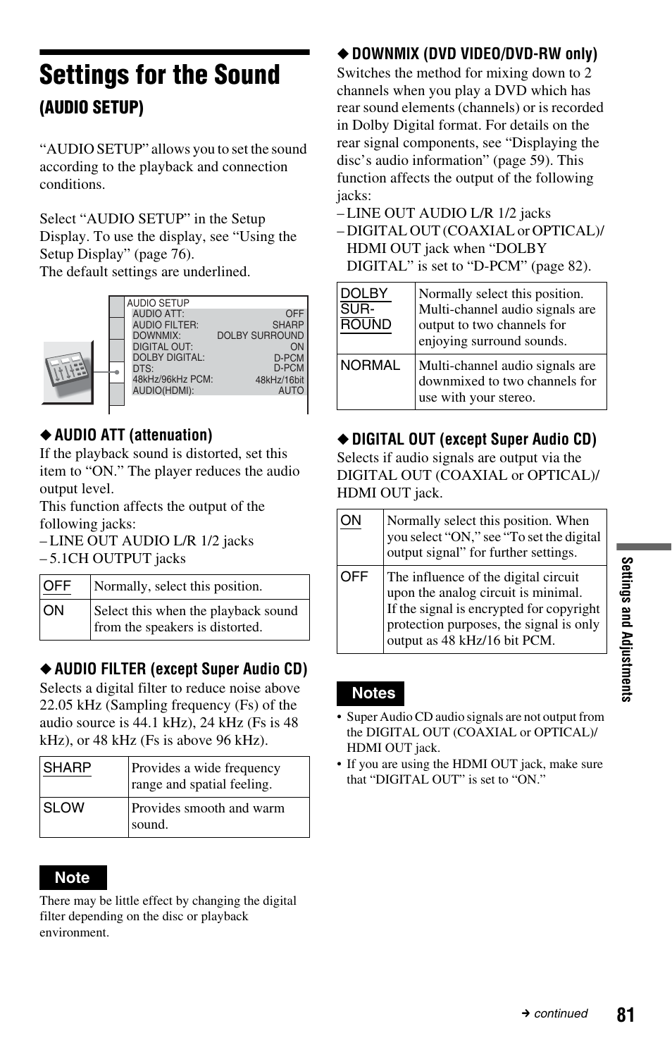 Settings for the sound (audio setup), Settings for the sound, Audio setup) | Sony DVP-CX995V User Manual | Page 81 / 96